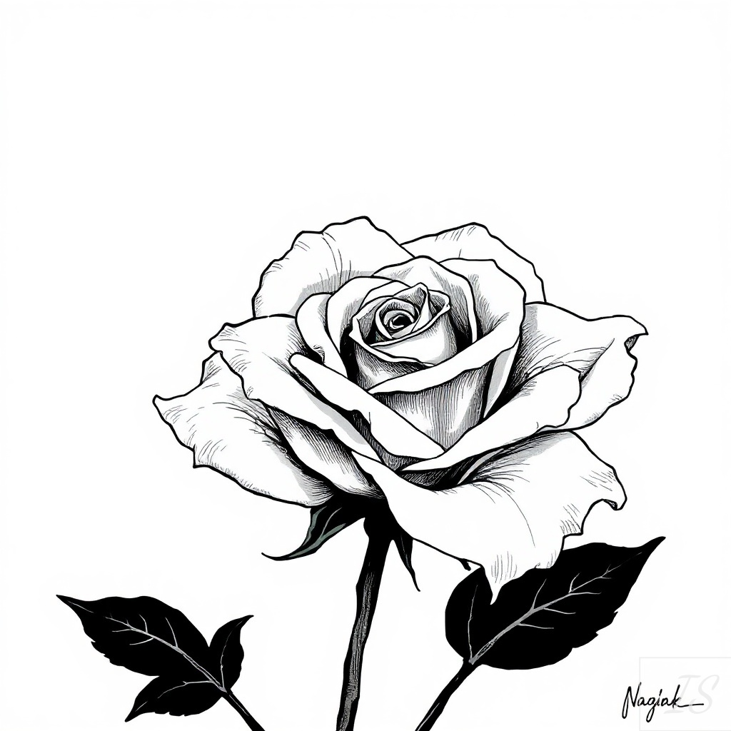 Static ink illustration — hand-drawn rose