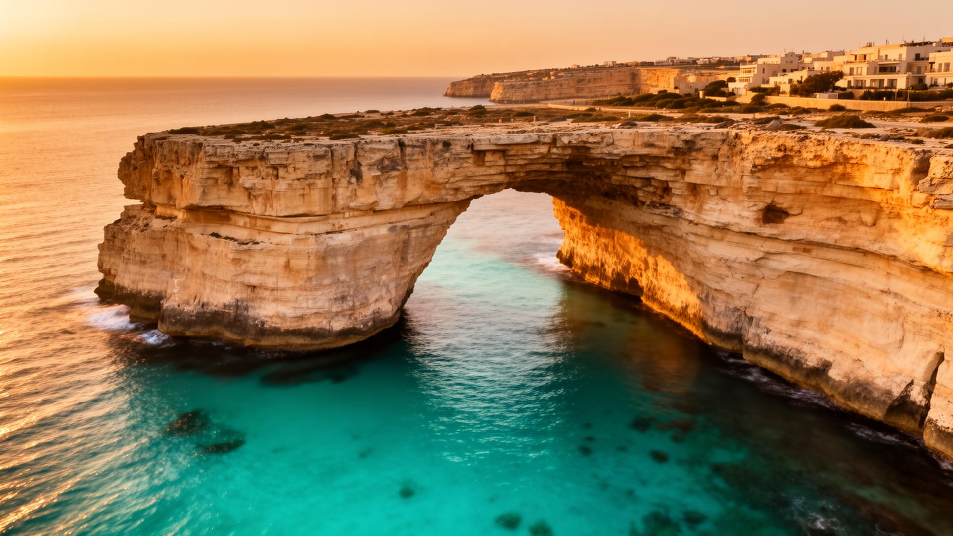 GeniusLux generated landscape of Gozo's natural sea arch at sunset